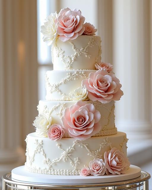 A stunning multi-tiered wedding cake adorned with handcrafted sugar flowers.