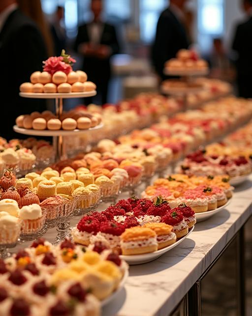 A lavish dessert table at an event, filled with various pastries and sweets.