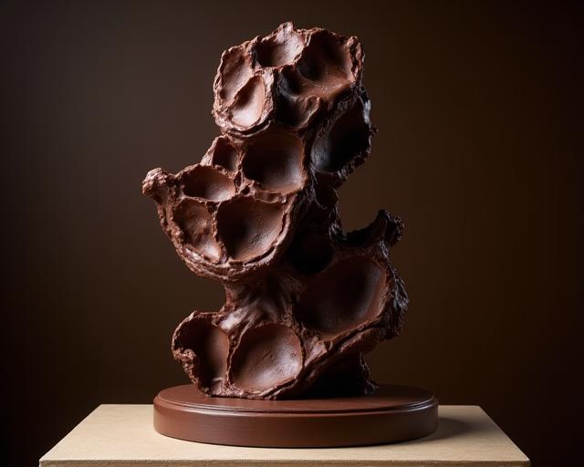 An intricate sculpture made entirely of dark chocolate.