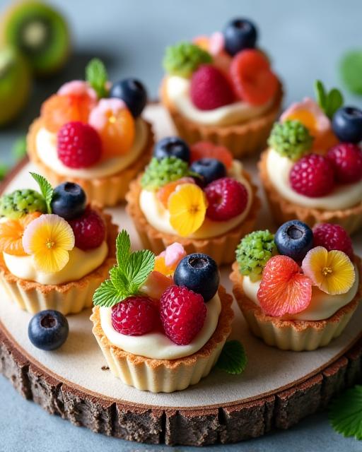 Collection of miniature fruit and cream dessert tarts.