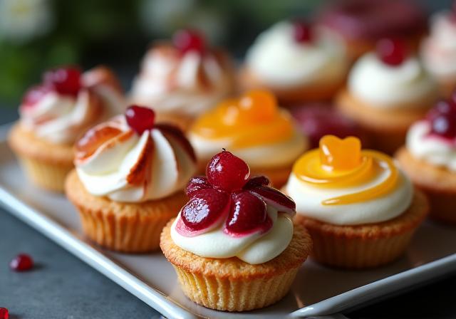 A close-up of an assortment of delicate French pastries.