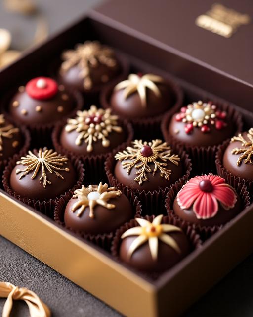 An assortment of beautifully decorated gourmet chocolates in a gift box.