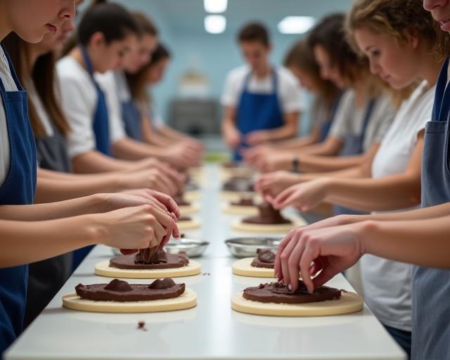 A group of people enjoying a hands-on chocolate making workshop.